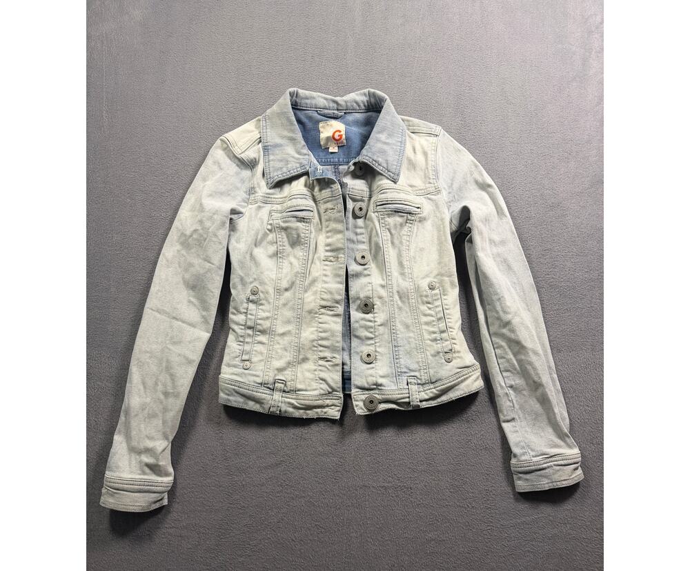 G by GUESS Light Wash Denim Trucker Jacket Bleached Cotton Blue Women's Size M
